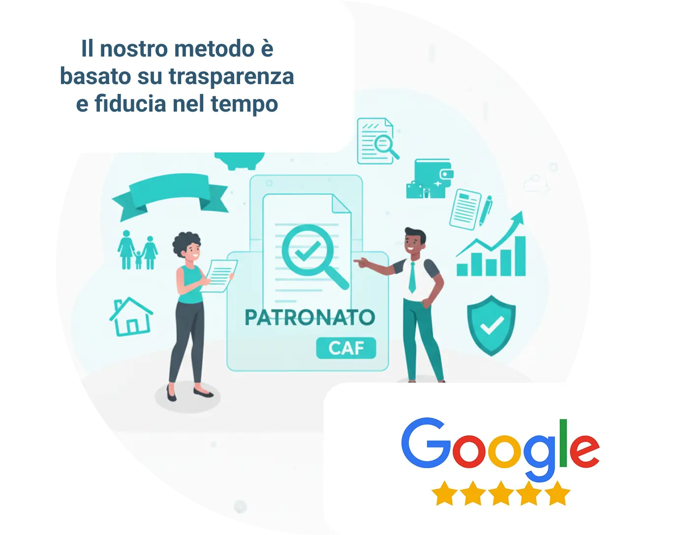 Immagine illustrativa che spiega che i punti di forza del nostro patronato viale romagna sono trasparenza e fiducia